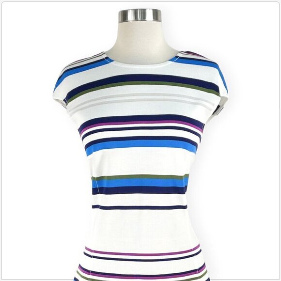St. John Gia Stripe Knit Cap Sleeve Dress White Multicolor Summer NWT New 10 - Picture 5 of 7